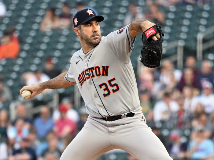 May 10, 2022; Minneapolis, Minnesota, USA; Houston Astros starting pitcher Justin Verlander (35) delivers a pitch against the Minnesota Twins during the first inning at Target Field.